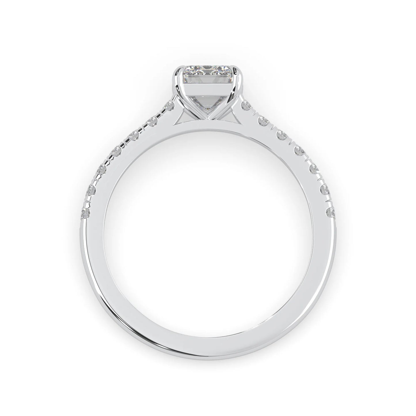 emerald cut lab grown diamond prong set engagement ring with pavé band and white gold  metal tone design