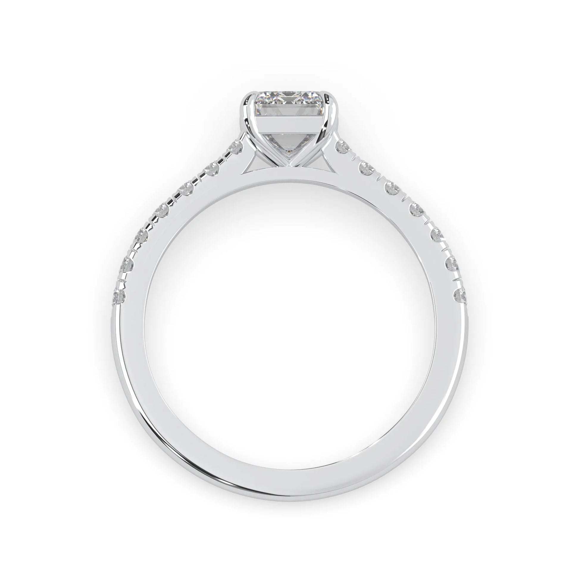 emerald cut lab grown diamond prong set engagement ring with pavé band and white gold  metal tone design