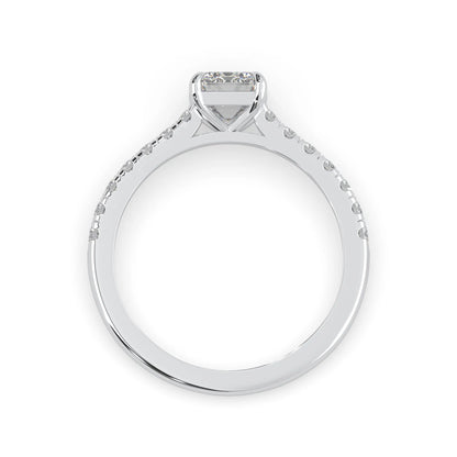 emerald cut lab grown diamond prong set engagement ring with pavé band and white gold  metal tone design