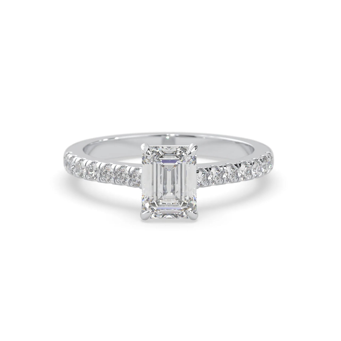 emerald cut lab grown diamond prong set engagement ring with pavé band and white gold  metal tone design