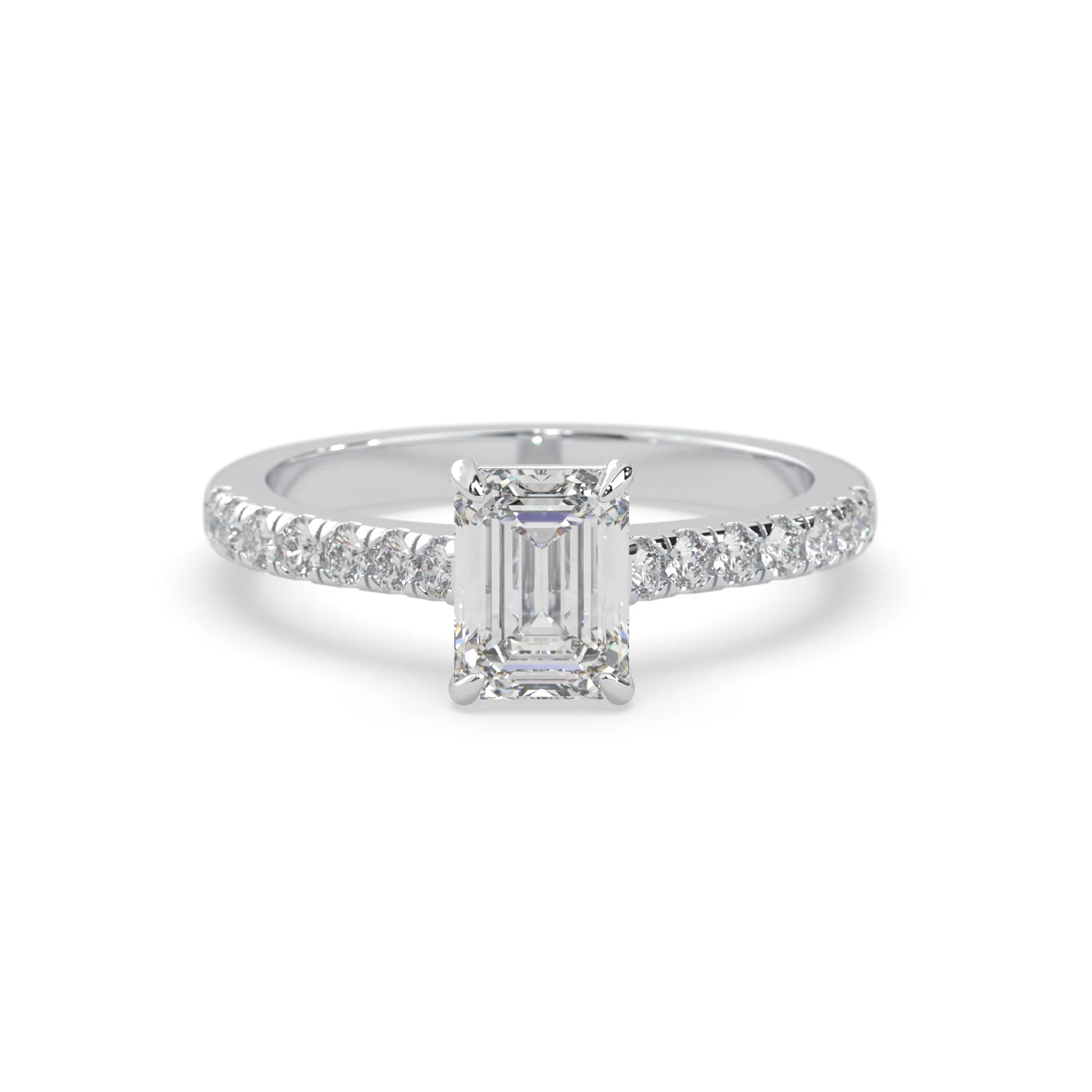 emerald cut lab grown diamond prong set engagement ring with pavé band and white gold  metal tone design