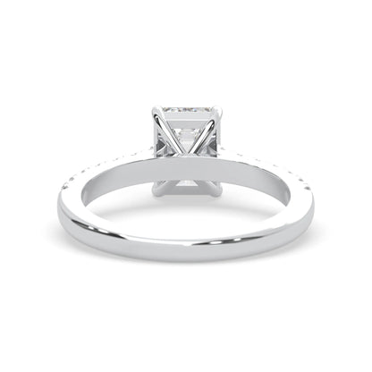 emerald cut lab grown diamond prong set engagement ring with pavé band and white gold  metal tone design