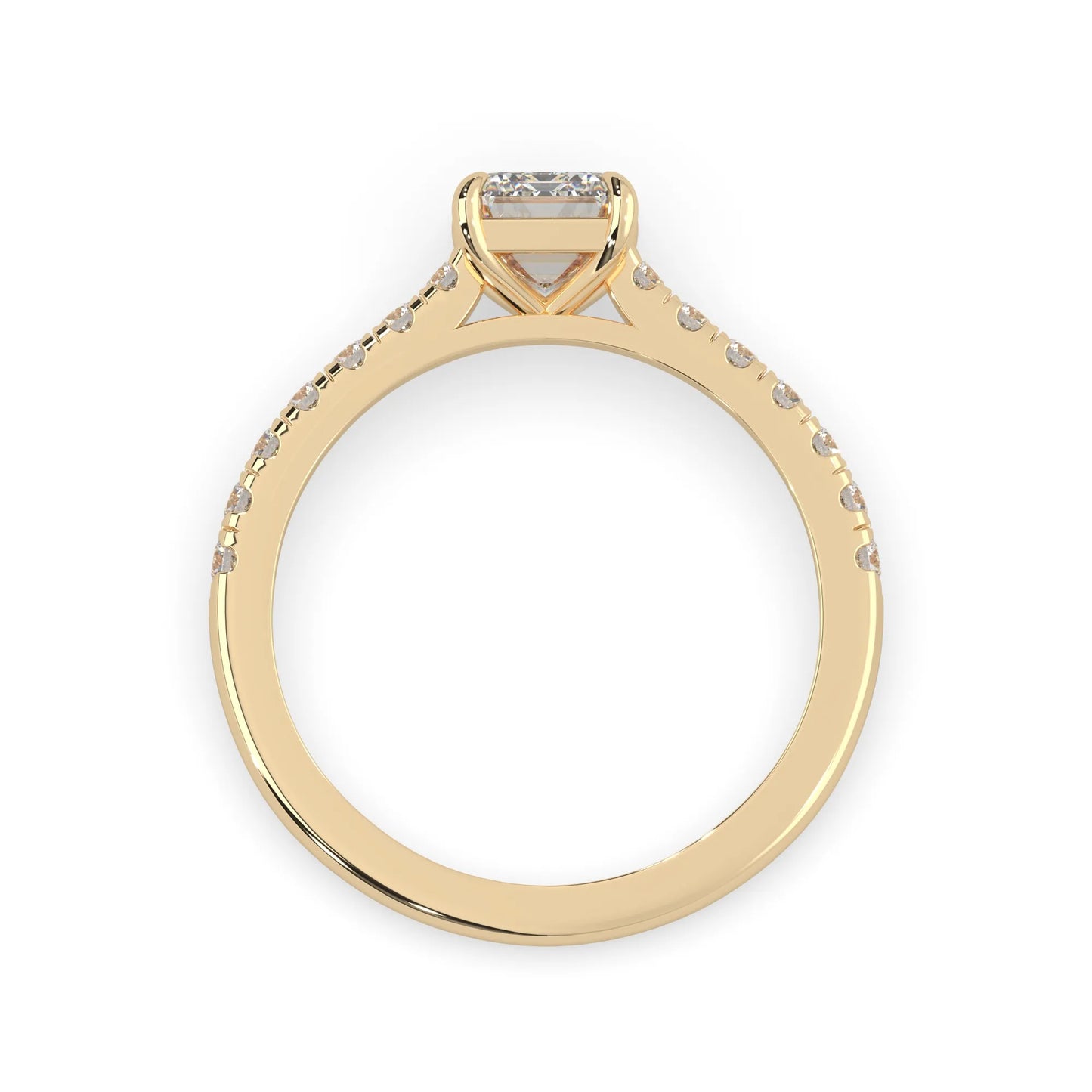 emerald cut lab grown diamond prong set engagement ring with pavé band and yellow gold  metal tone design