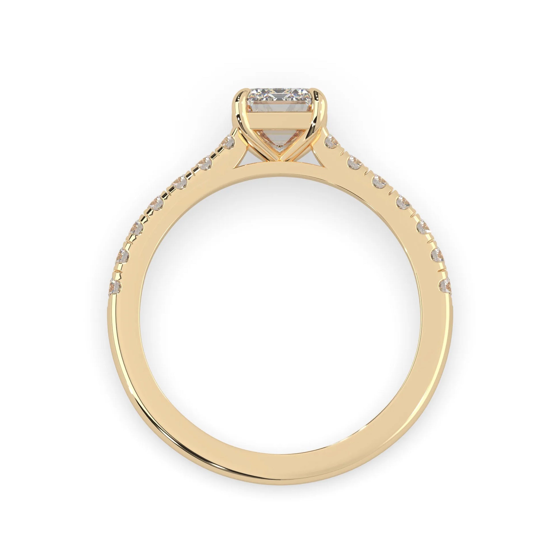 emerald cut lab grown diamond prong set engagement ring with pavé band and yellow gold  metal tone design