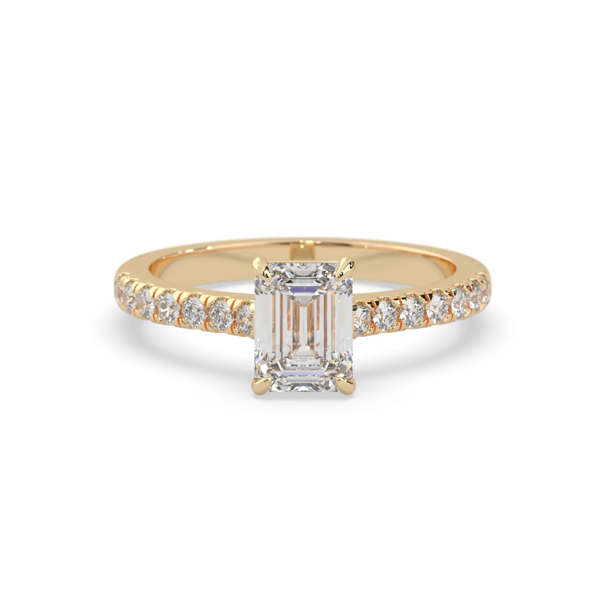 emerald cut lab grown diamond prong set engagement ring with pavé band and yellow gold  metal tone design