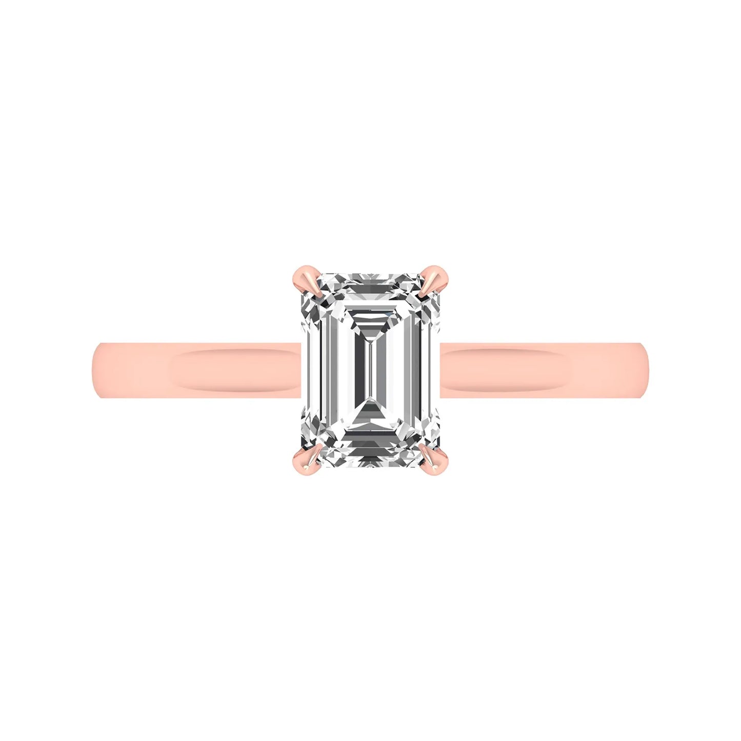 Emerald cut lab grown diamond solitaire engagement ring featuring a 1.06 carat emerald diamond in a classic four-prong setting in rose gold