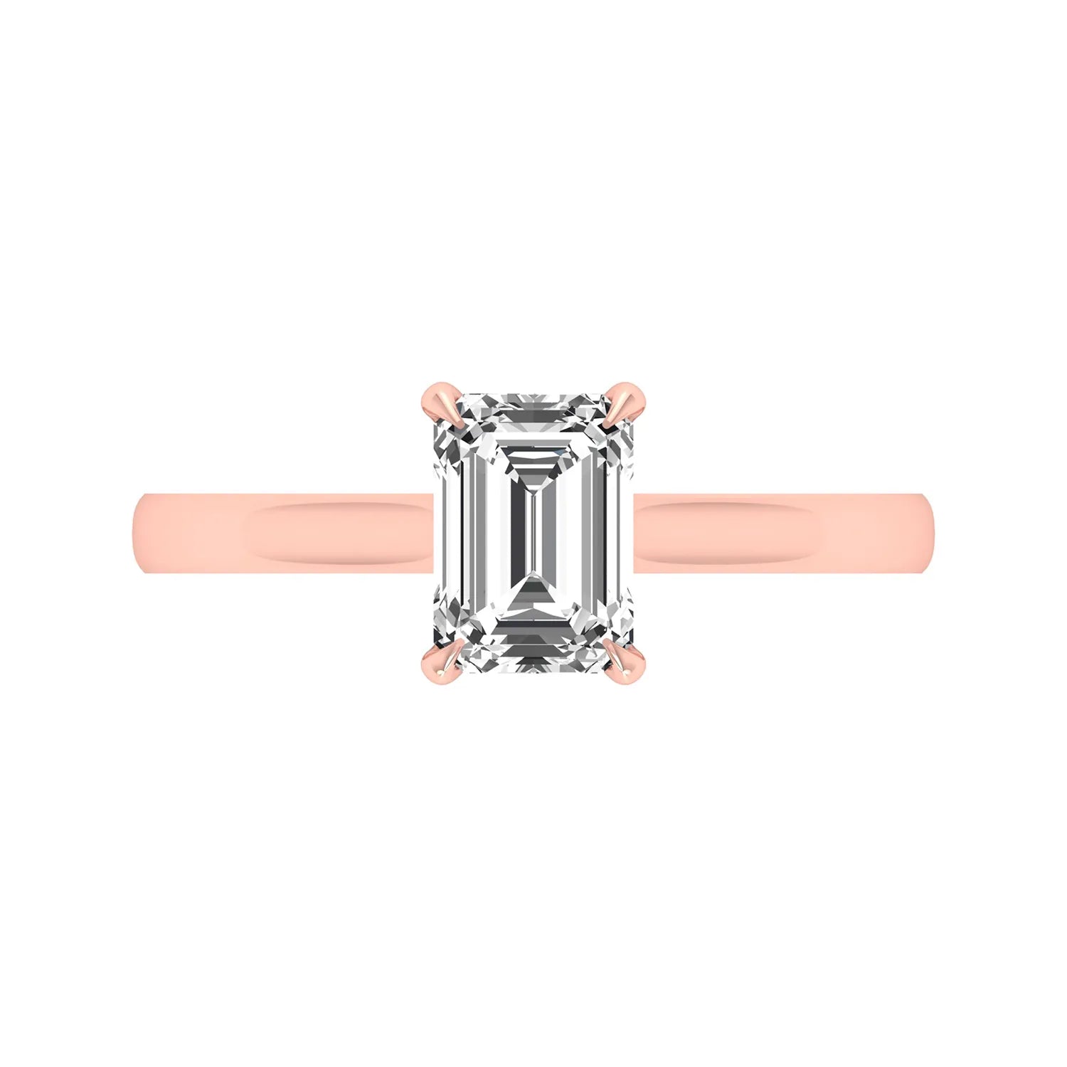 Emerald cut lab grown diamond solitaire engagement ring featuring a 1.06 carat emerald diamond in a classic four-prong setting in rose gold