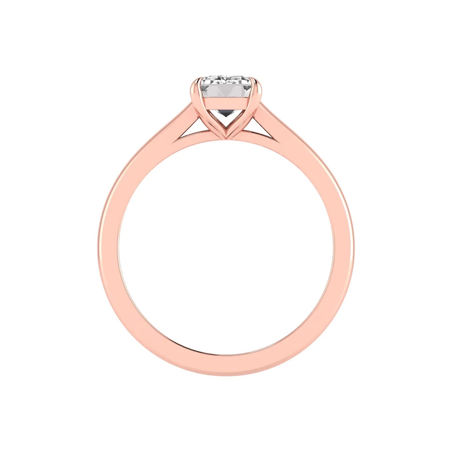 Emerald cut lab grown diamond solitaire engagement ring featuring a 1.06 carat emerald diamond in a classic four-prong setting in rose gold