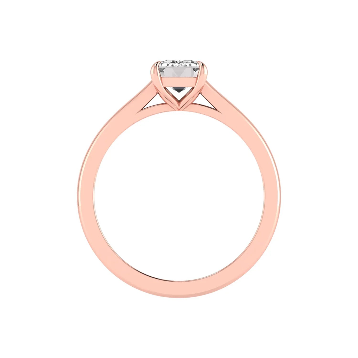 Emerald cut lab grown diamond solitaire engagement ring featuring a 1.06 carat emerald diamond in a classic four-prong setting in rose gold