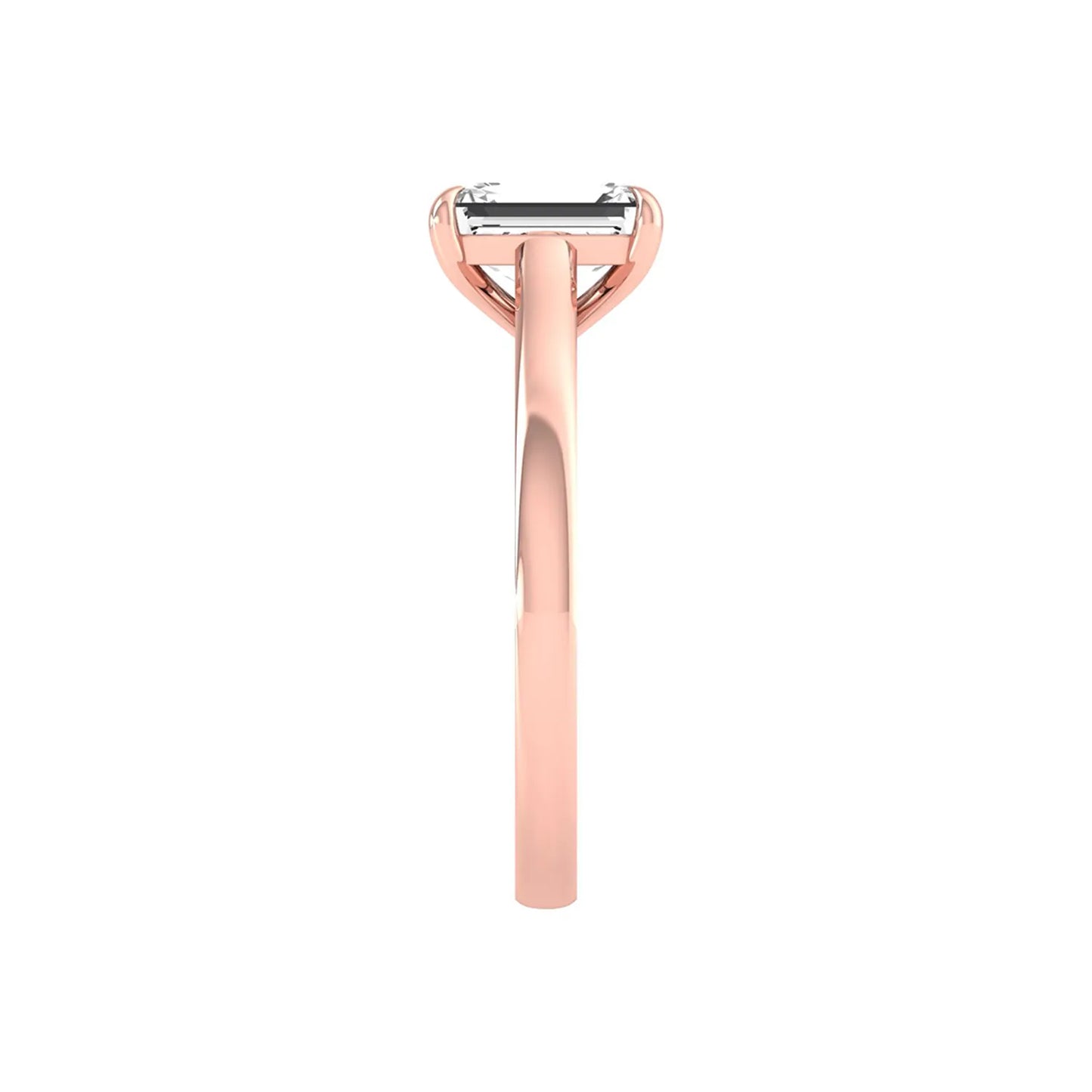 Emerald cut lab grown diamond solitaire engagement ring featuring a 1.06 carat emerald diamond in a classic four-prong setting in rose gold