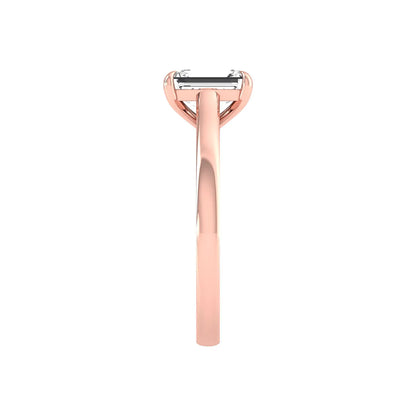 Emerald cut lab grown diamond solitaire engagement ring featuring a 1.06 carat emerald diamond in a classic four-prong setting in rose gold