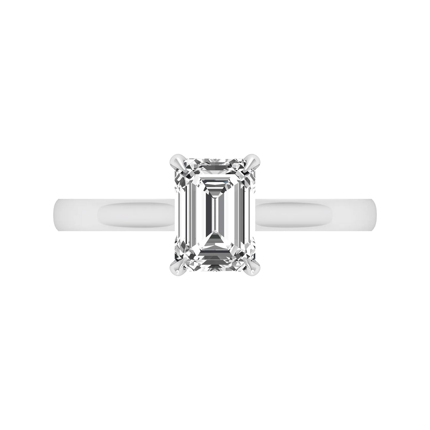 Emerald cut lab grown diamond solitaire engagement ring featuring a 1.06 carat emerald diamond in a classic four-prong setting in white gold