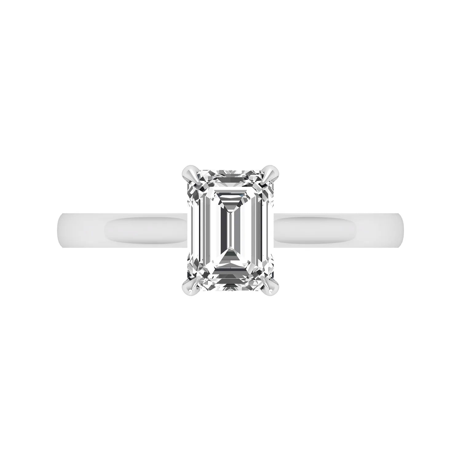 Emerald cut lab grown diamond solitaire engagement ring featuring a 1.06 carat emerald diamond in a classic four-prong setting in white gold