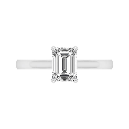 Emerald cut lab grown diamond solitaire engagement ring featuring a 1.06 carat emerald diamond in a classic four-prong setting in white gold