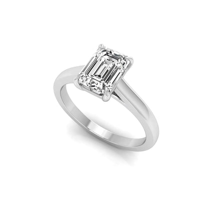 Emerald cut lab grown diamond solitaire engagement ring featuring a 1.06 carat emerald diamond in a classic four-prong setting in white gold