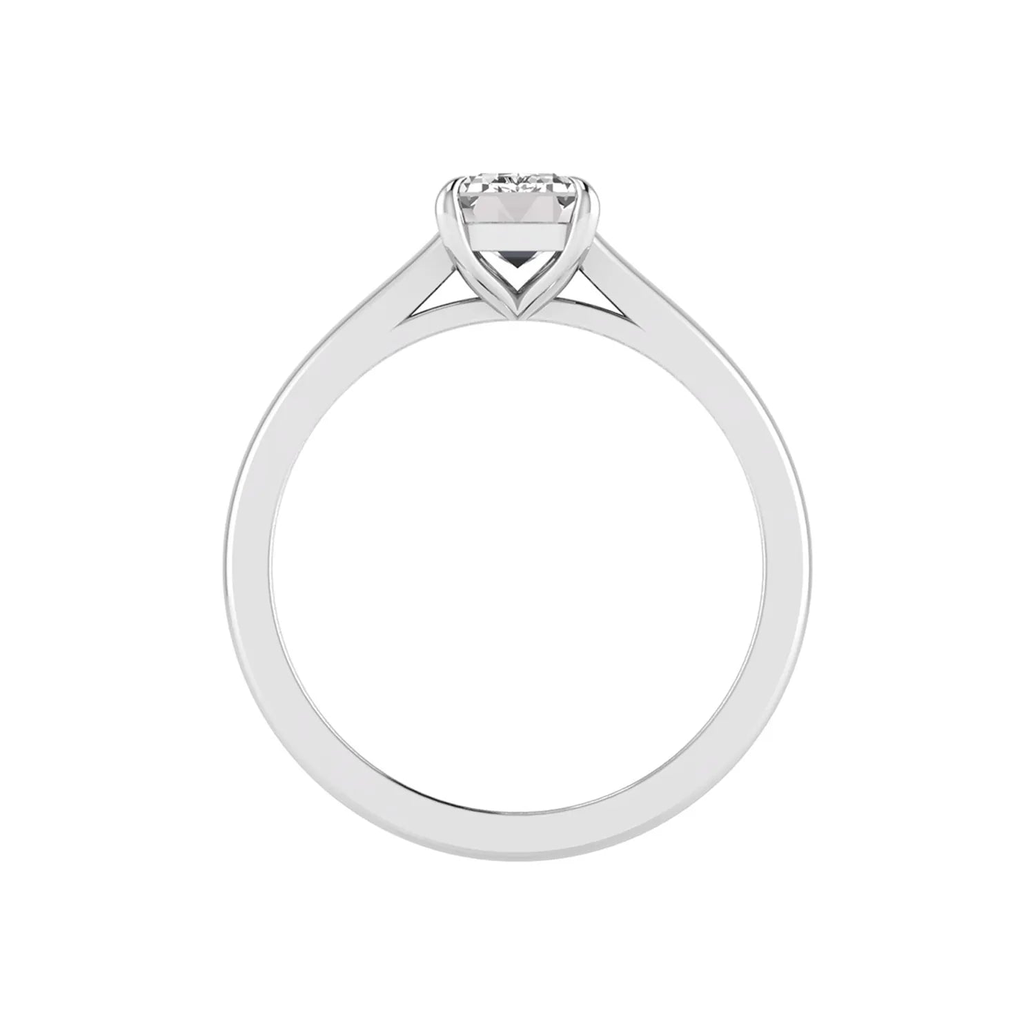 Emerald cut lab grown diamond solitaire engagement ring featuring a 1.06 carat emerald diamond in a classic four-prong setting in white gold