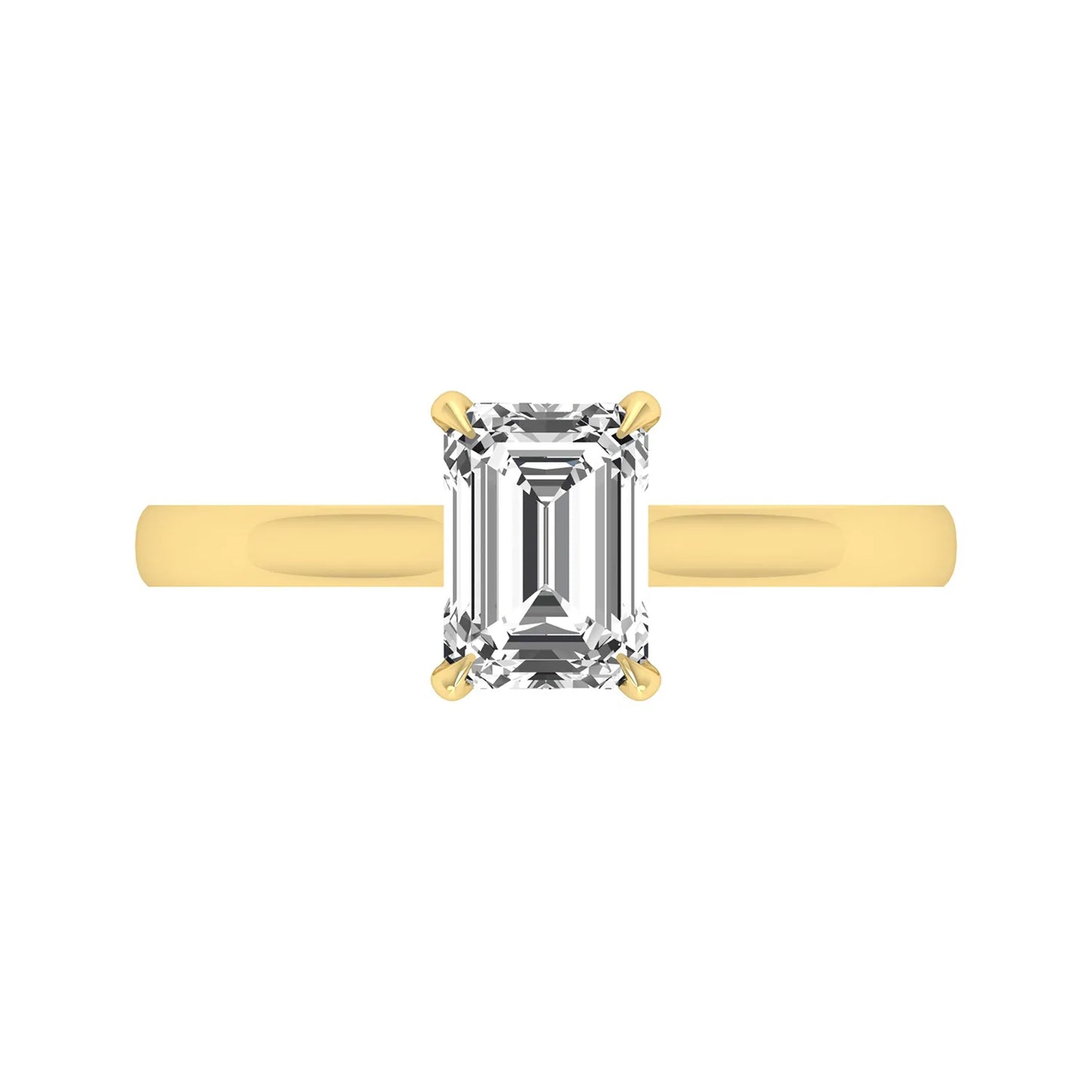 Emerald cut lab grown diamond solitaire engagement ring featuring a 1.06 carat emerald diamond in a classic four-prong setting in yellow gold