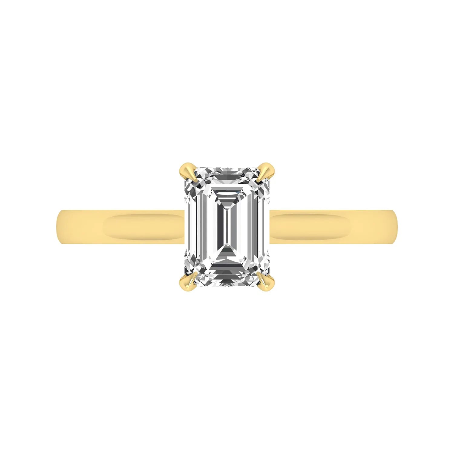 Emerald cut lab grown diamond solitaire engagement ring featuring a 1.06 carat emerald diamond in a classic four-prong setting in yellow gold