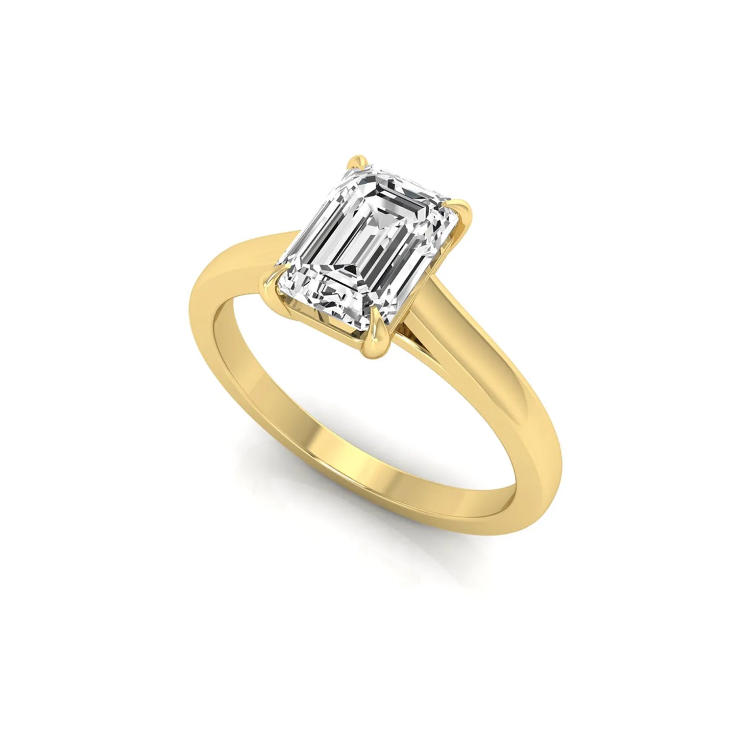 Emerald cut lab grown diamond solitaire engagement ring featuring a 1.06 carat emerald diamond in a classic four-prong setting in yellow gold