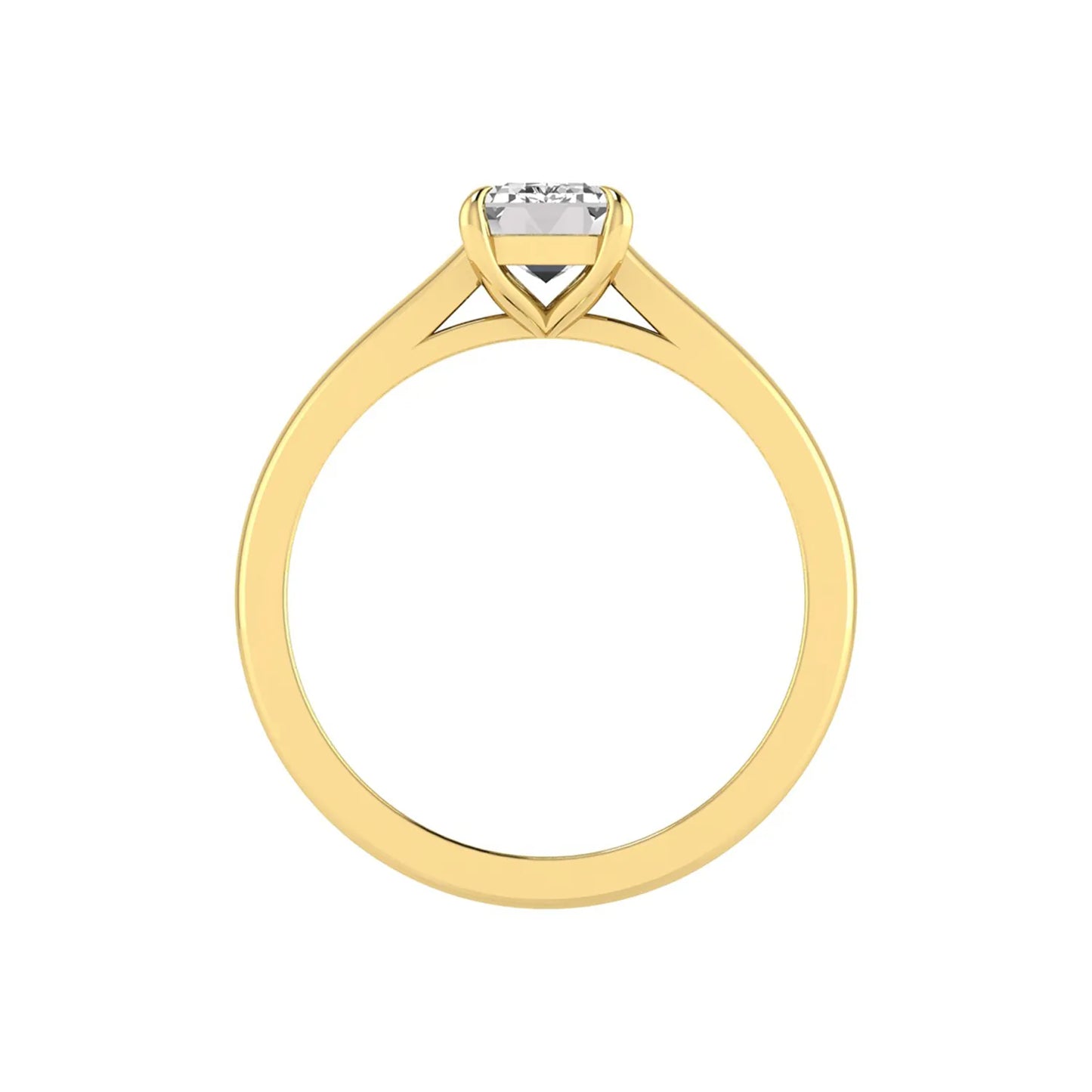 Emerald cut lab grown diamond solitaire engagement ring featuring a 1.06 carat emerald diamond in a classic four-prong setting in yellow gold