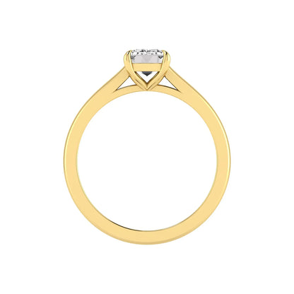 Emerald cut lab grown diamond solitaire engagement ring featuring a 1.06 carat emerald diamond in a classic four-prong setting in yellow gold