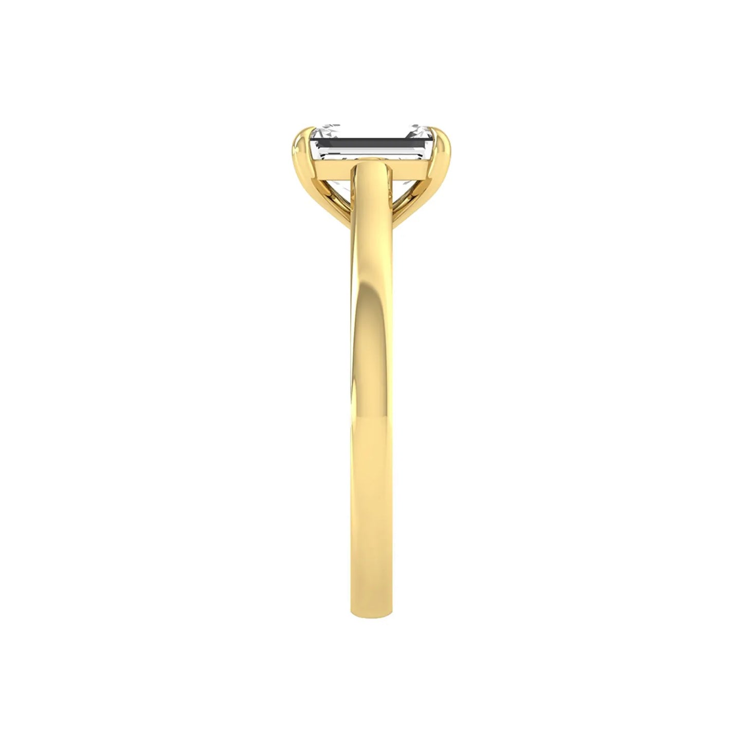 Emerald cut lab grown diamond solitaire engagement ring featuring a 1.06 carat emerald diamond in a classic four-prong setting in yellow gold