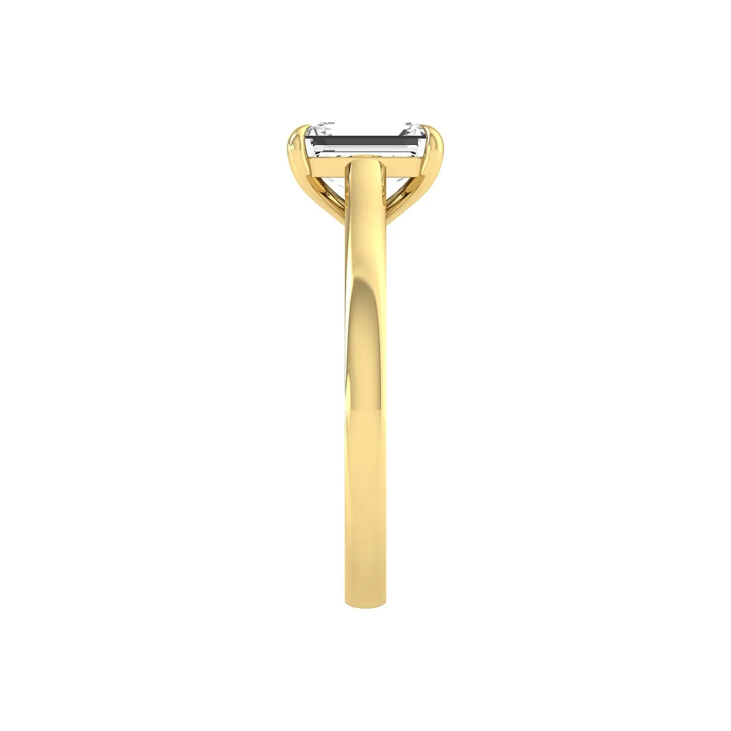 Emerald cut lab grown diamond solitaire engagement ring featuring a 1.06 carat emerald diamond in a classic four-prong setting in yellow gold