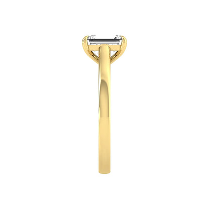 Emerald cut lab grown diamond solitaire engagement ring featuring a 1.06 carat emerald diamond in a classic four-prong setting in yellow gold