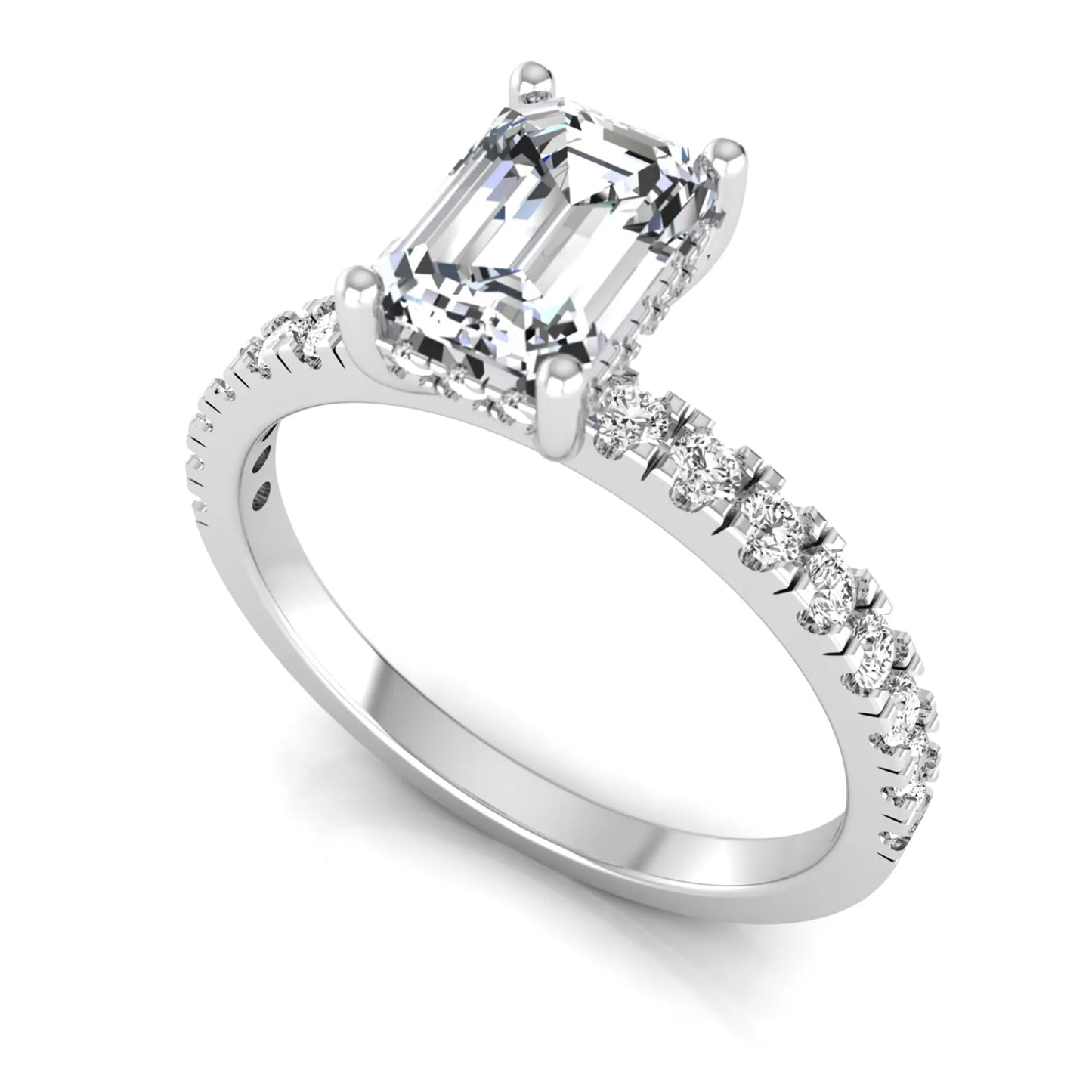 Emerald cut lab grown diamond solitaire ring with round pavé side stones in a four-prong setting and polished white gold finish.