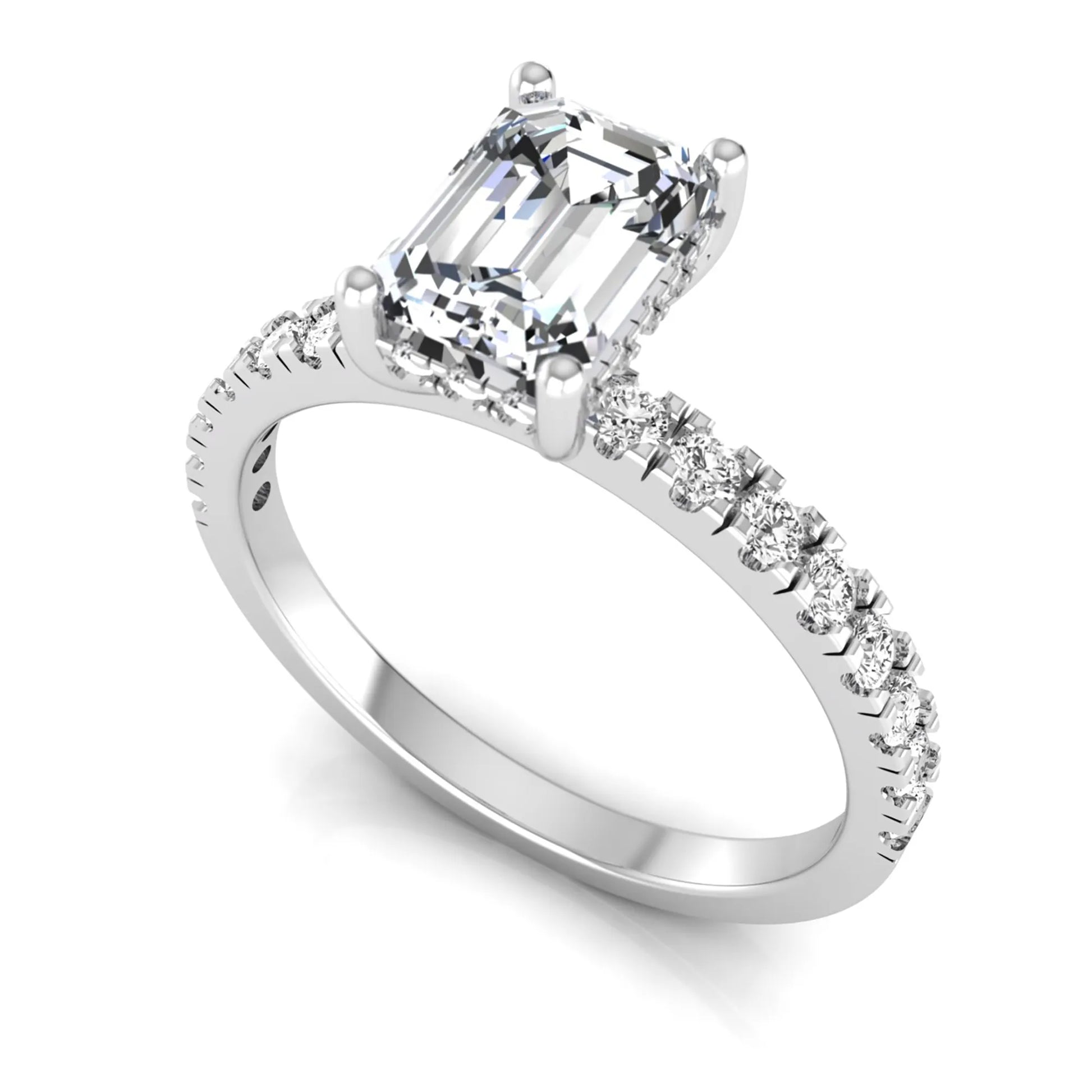 Emerald cut lab grown diamond solitaire ring with round pavé side stones in a four-prong setting and polished white gold finish.