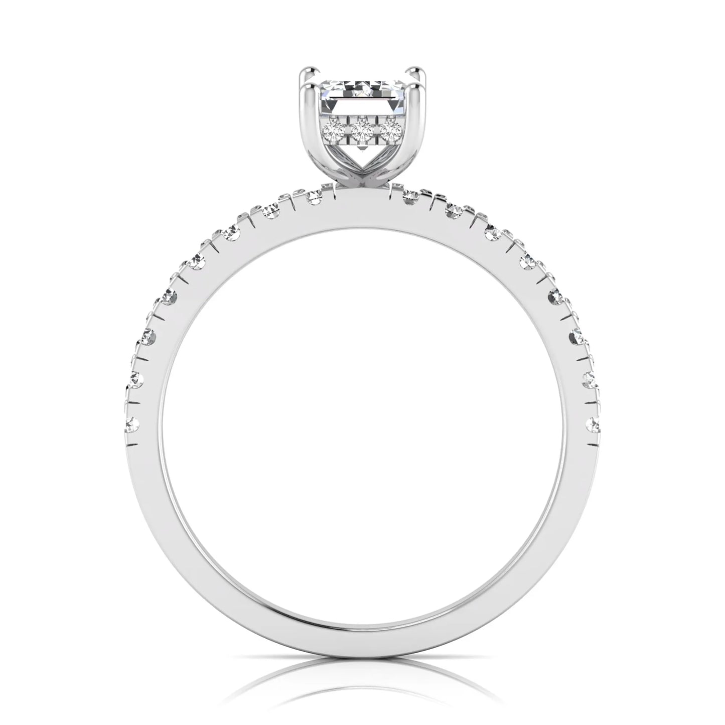 Emerald cut lab grown diamond solitaire ring with round pavé side stones in a four-prong setting and polished white gold finish.