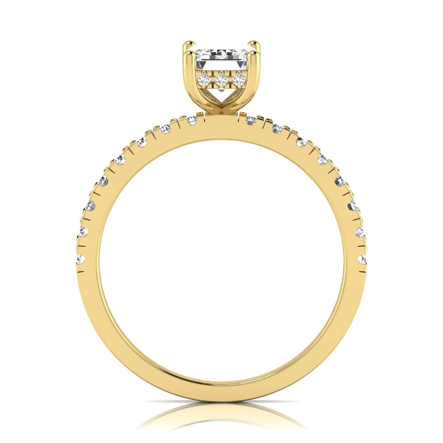 Emerald cut lab grown diamond solitaire ring with round pavé side stones in a four-prong setting and polished yellow gold finish.