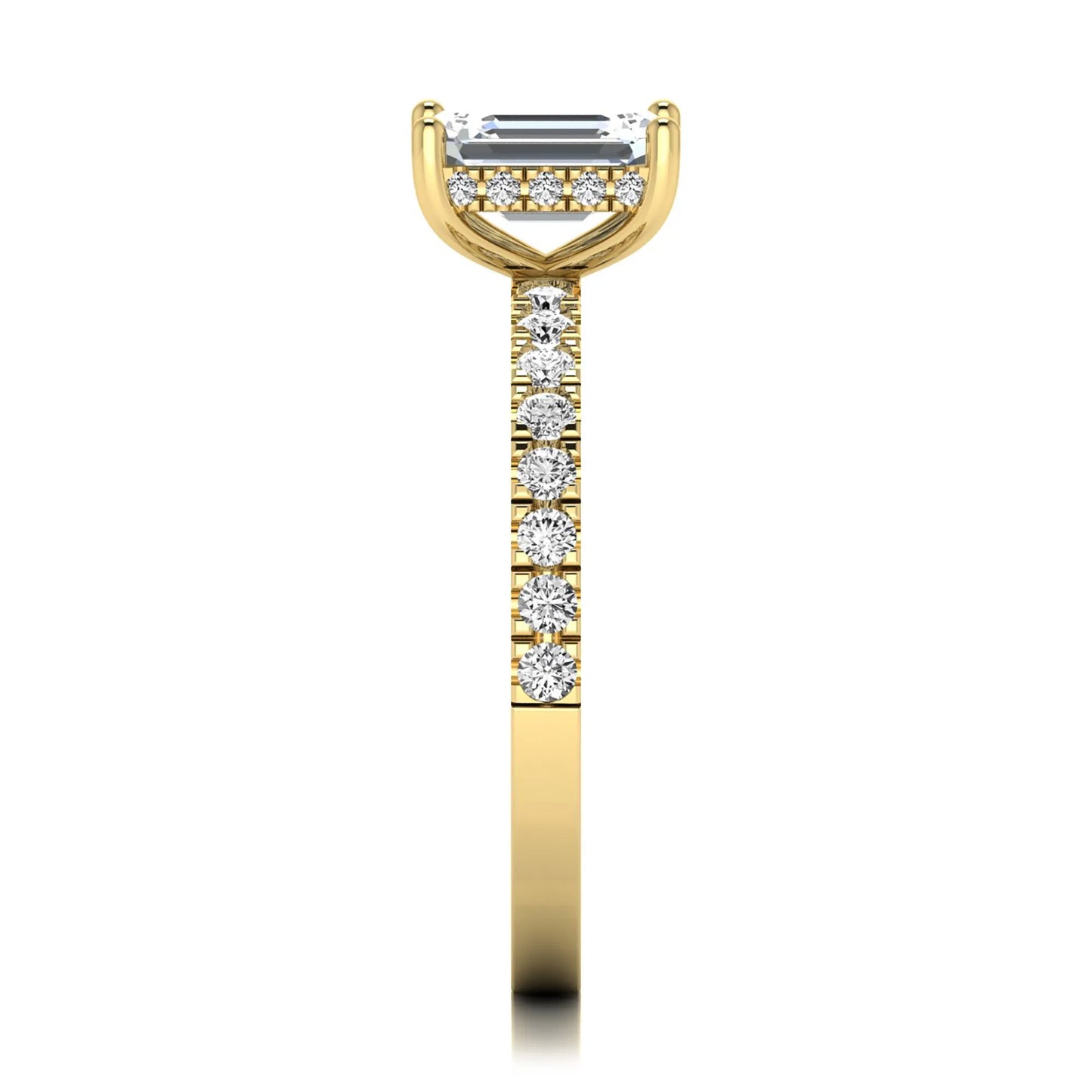 Emerald cut lab grown diamond solitaire ring with round pavé side stones in a four-prong setting and polished yellow gold finish.