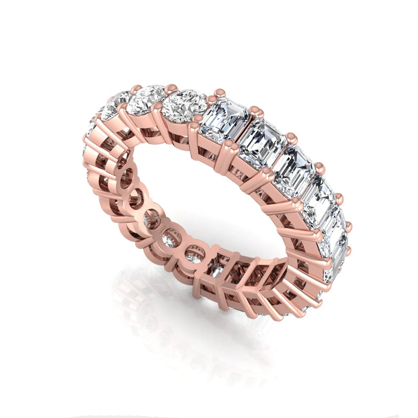 Emerald and round cut lab grown diamond full eternity band ring in rose gold