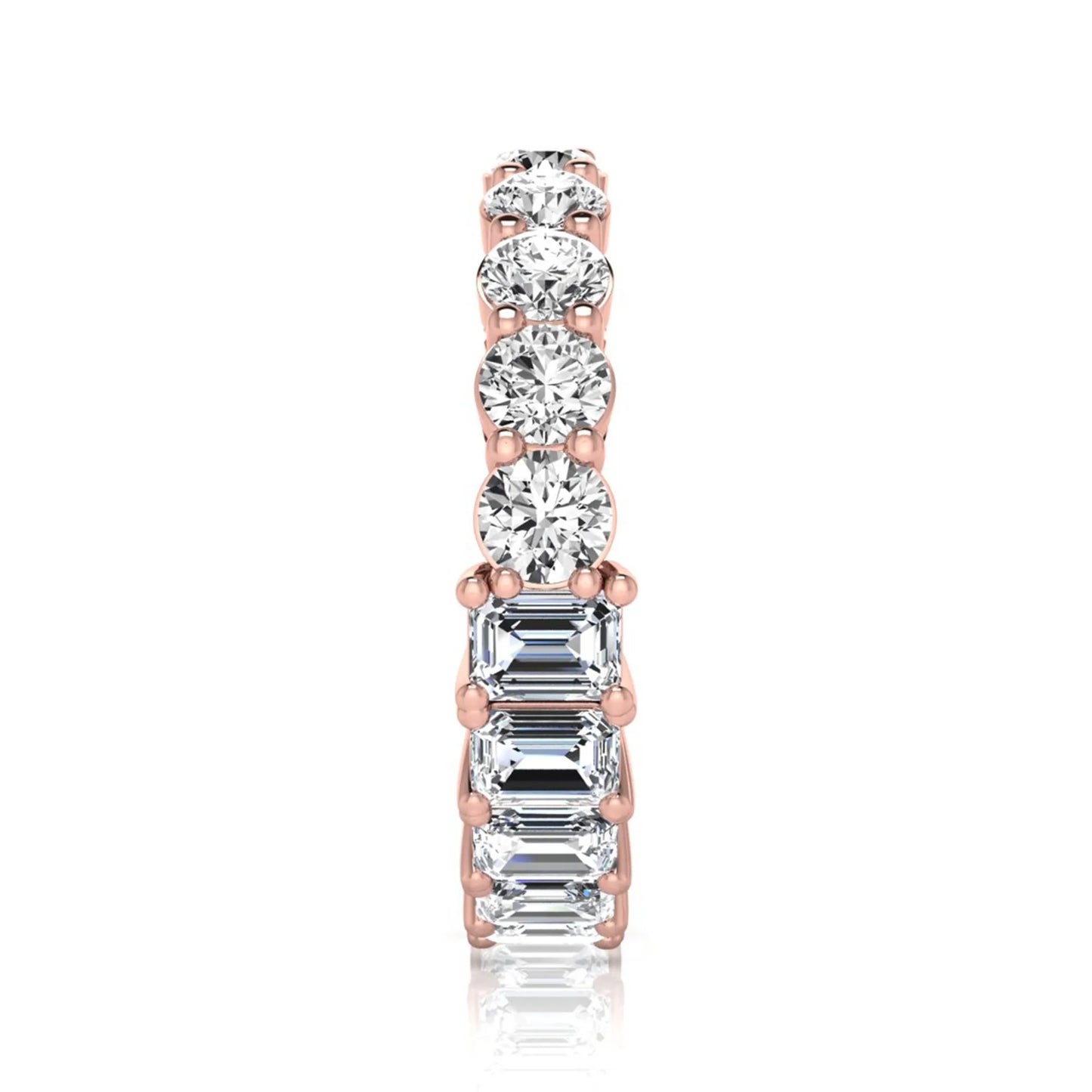 Emerald and round cut lab grown diamond full eternity band ring in rose gold