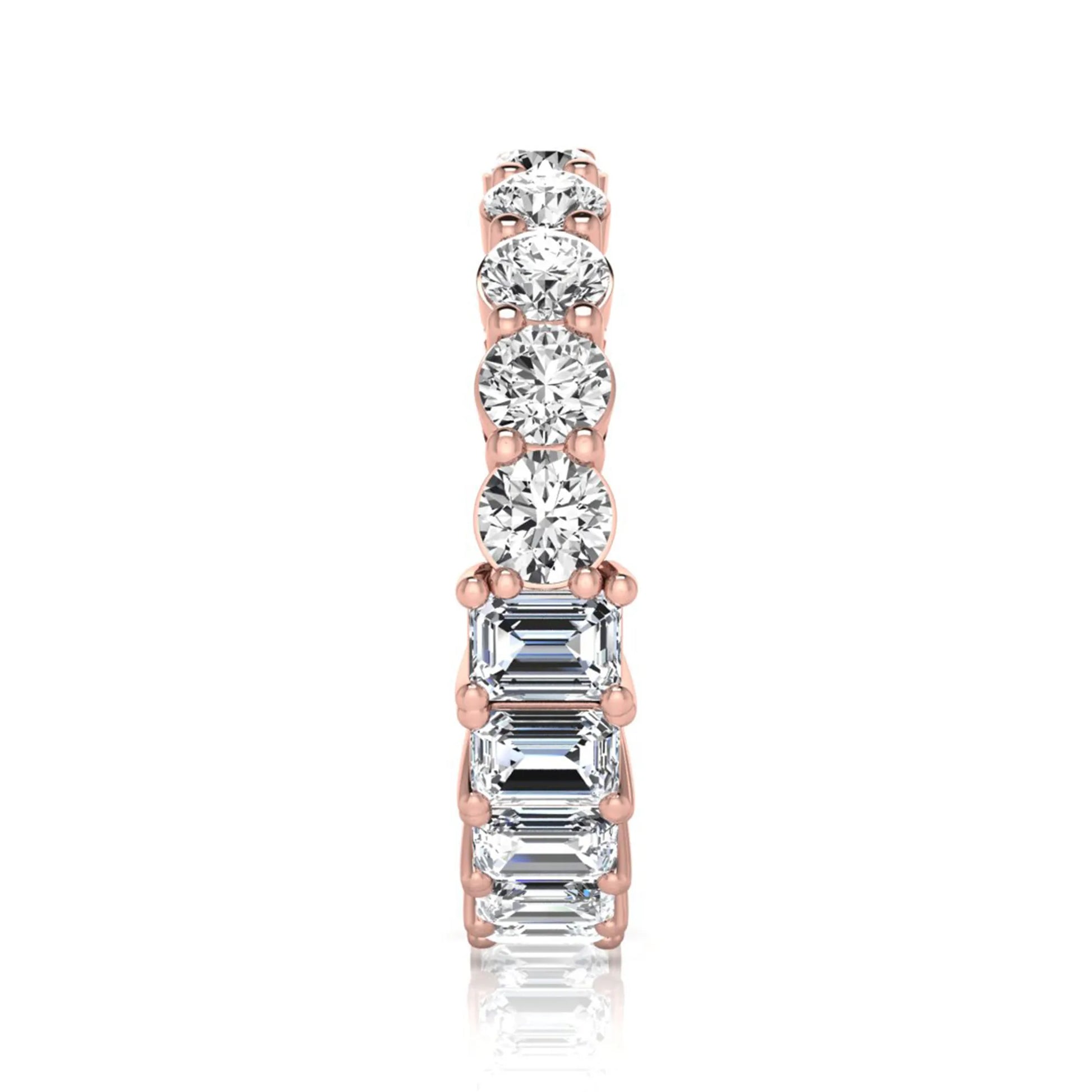 Emerald and round cut lab grown diamond full eternity band ring in rose gold