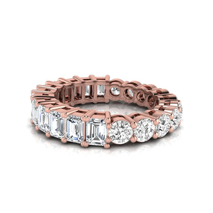 Emerald and round cut lab grown diamond full eternity band ring in rose gold