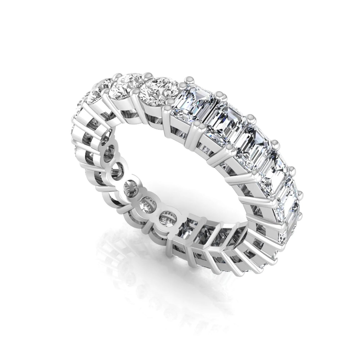 Emerald and round cut lab grown diamond full eternity band ring in white gold