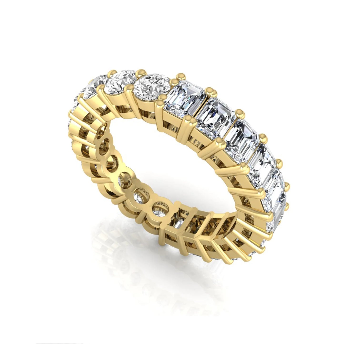 Emerald and round cut lab grown diamond full eternity band ring in yellow gold