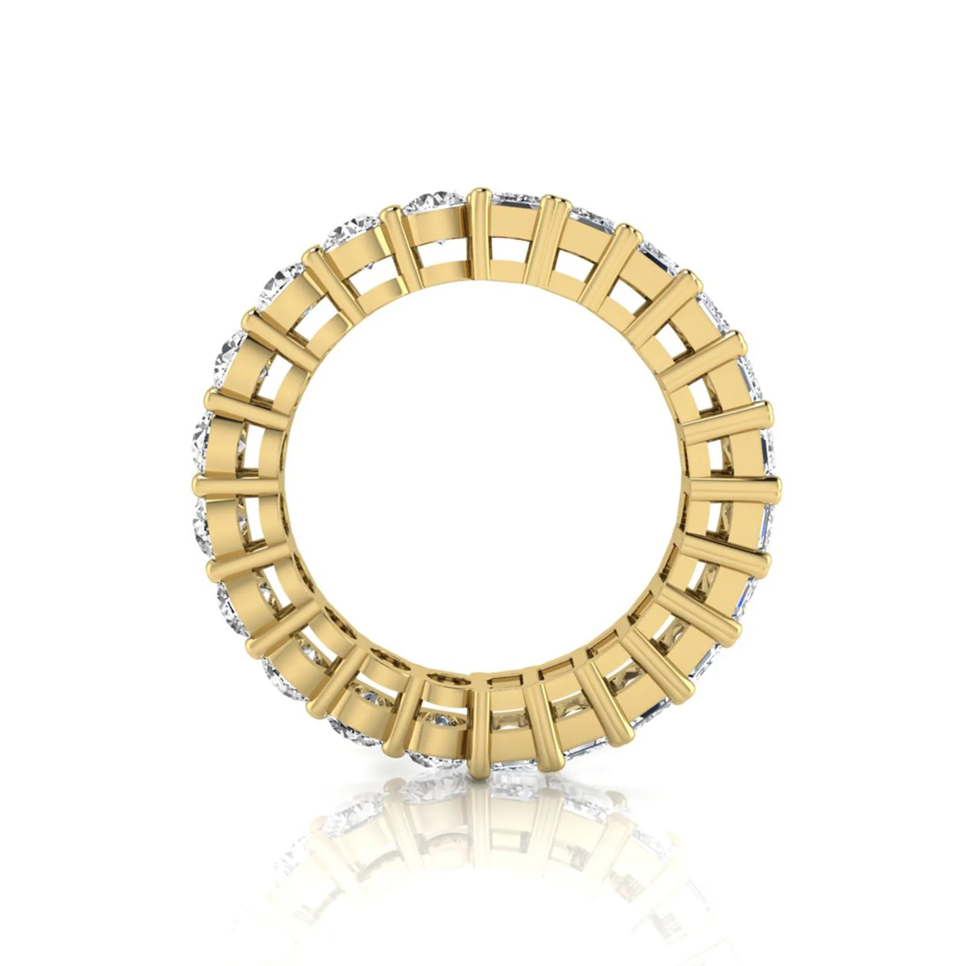 Emerald and round cut lab grown diamond full eternity band ring in yellow gold