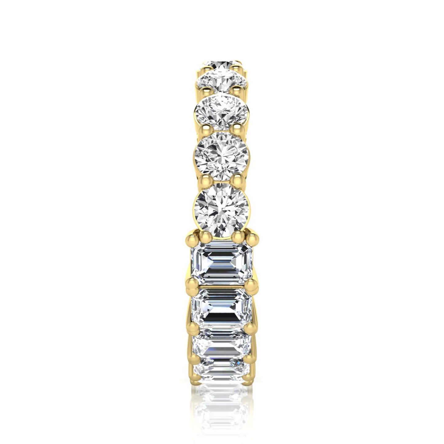 Emerald and round cut lab grown diamond full eternity band ring in yellow gold
