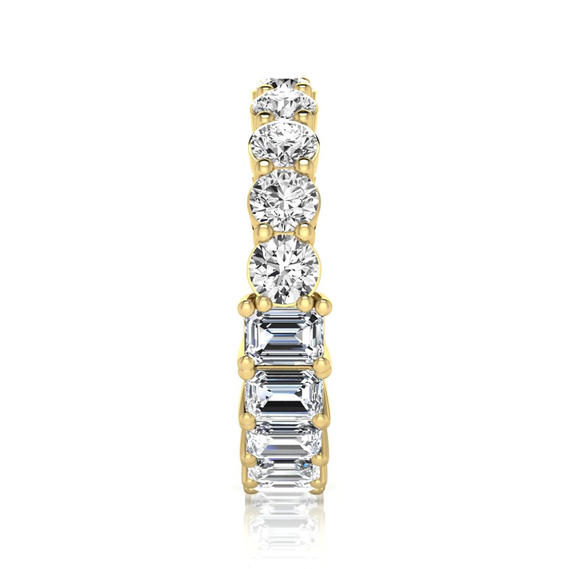 Emerald and round cut lab grown diamond full eternity band ring in yellow gold
