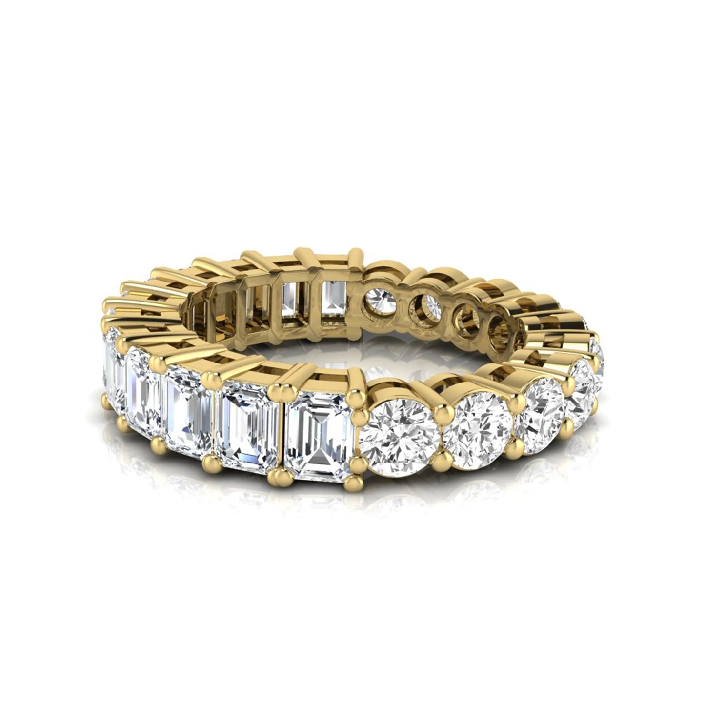 Emerald and round cut lab grown diamond full eternity band ring in yellow gold