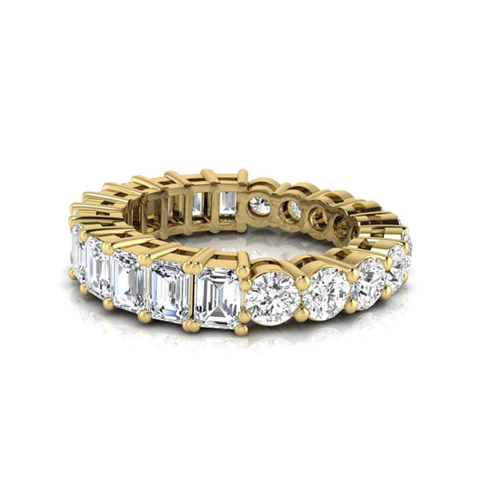 Emerald and round cut lab grown diamond full eternity band ring in yellow gold