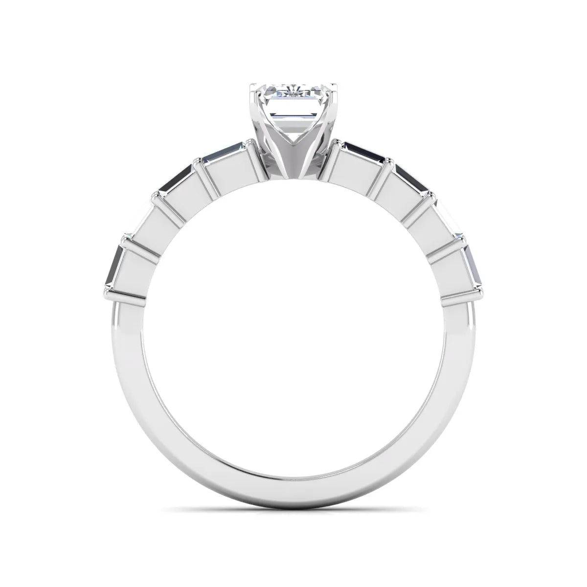 Emerald cut lab grown diamond engagement ring with baguette side diamonds in a four-prong solitaire accent setting and white gold tone band.