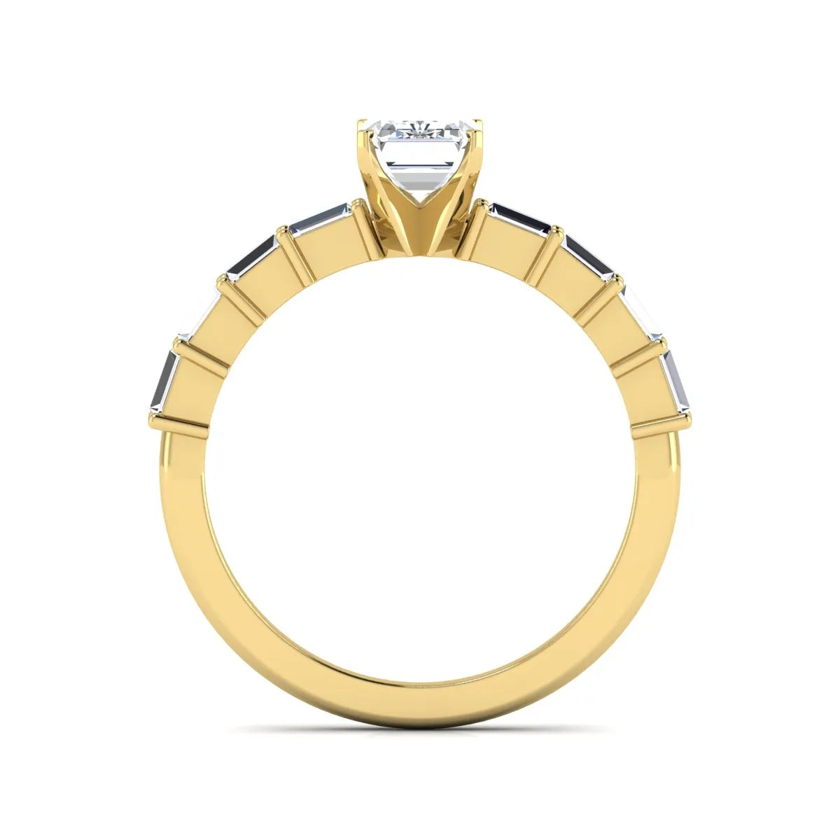 Emerald cut lab grown diamond engagement ring with baguette side diamonds in a four-prong solitaire accent setting and yellow gold tone band.