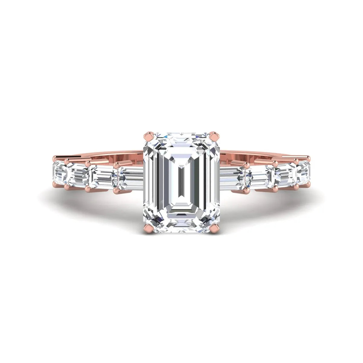 Emerald cut lab grown diamond engagement ring with baguette side diamonds in a four-prong solitaire accent setting and rose gold tone band.