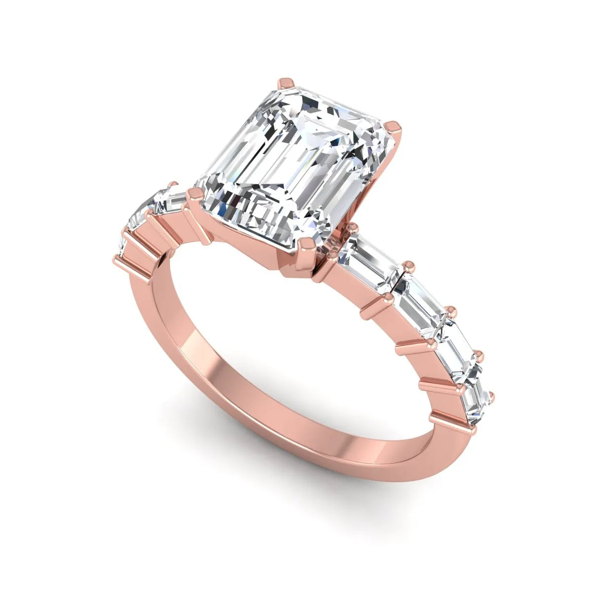 Emerald cut lab grown diamond engagement ring with baguette side diamonds in a four-prong solitaire accent setting and rose gold tone band.