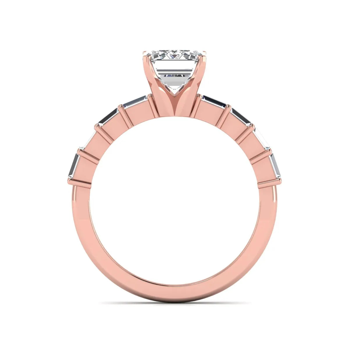 Emerald cut lab grown diamond engagement ring with baguette side diamonds in a four-prong solitaire accent setting and rose gold tone band.