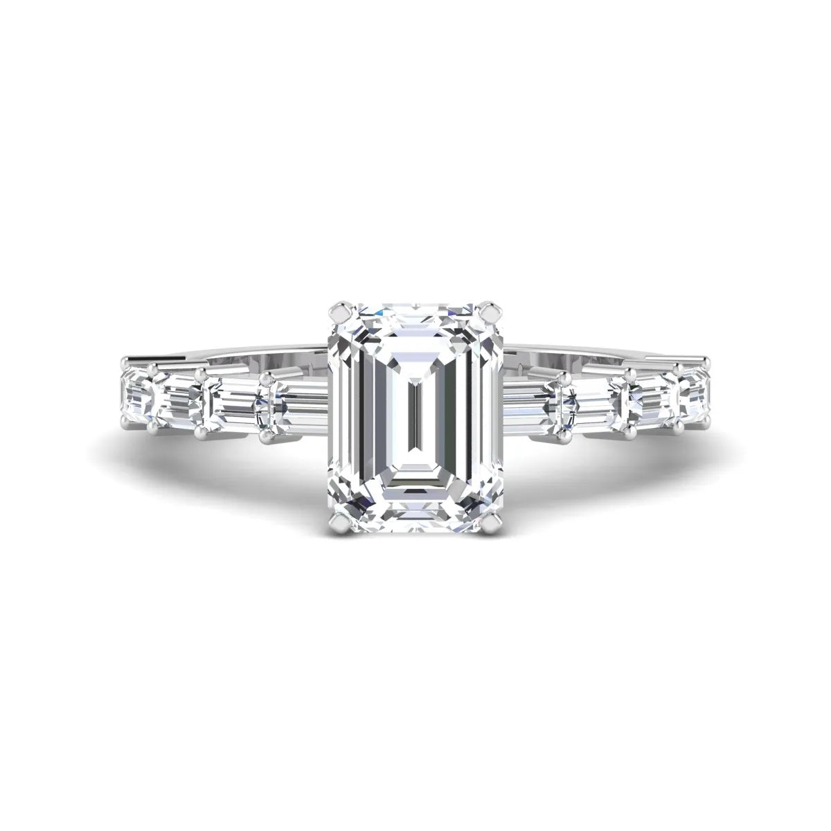 Emerald cut lab grown diamond engagement ring with baguette side diamonds in a four-prong solitaire accent setting and white gold tone band.